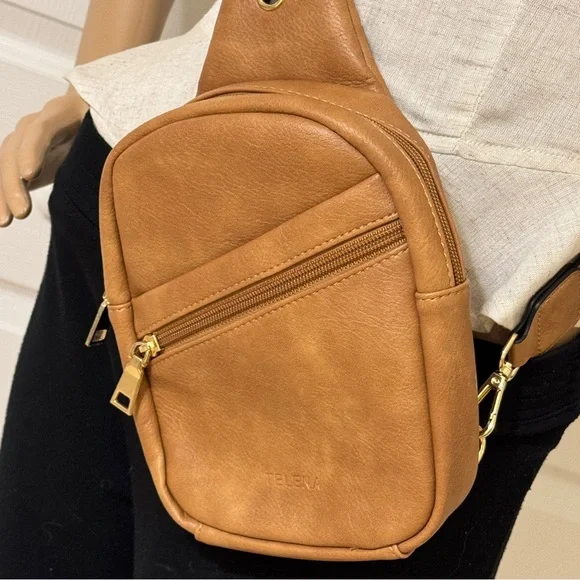 Telena Tan Sling Crossbody Handbag Adjustable Strap Vegan Leather Fanny Pack - Picture 2 of 12